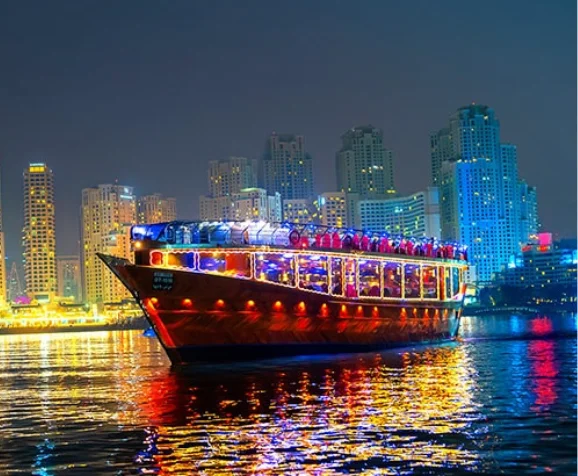 Sunset dhow cruise in Dubai Marina with golden skyline views